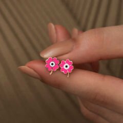 ​Gümüş Fosforlu Pembe Yonca Küpe