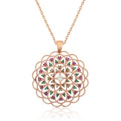 Gümüş Rose Geometrik Desenli Madalyon Kolye