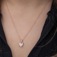 Gümüş Rose Beyaz Taşlı Kalpli Kadın Kolye